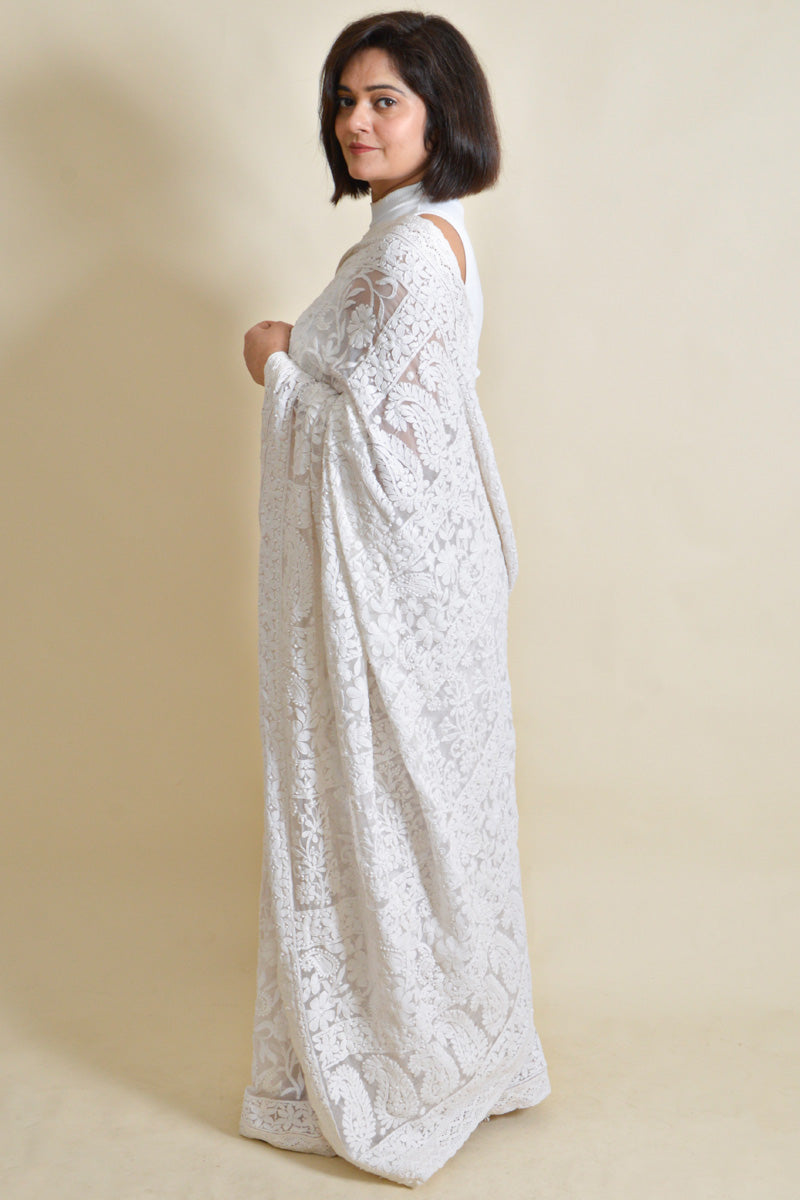 Fabnuma Handcrafted White Georgette Chikankari Saree-Blouse - Fabnuma