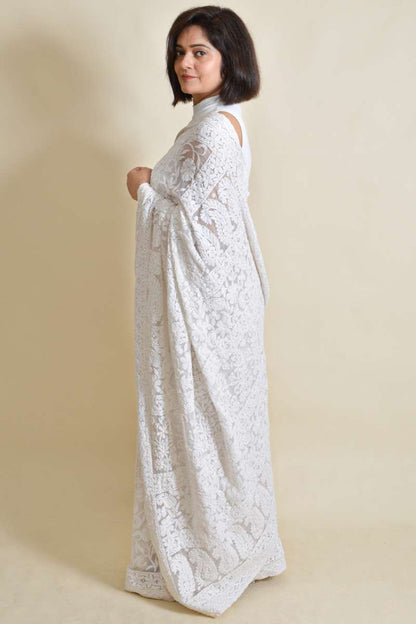 Fabnuma Handcrafted White Georgette Chikankari Saree-Blouse - Fabnuma