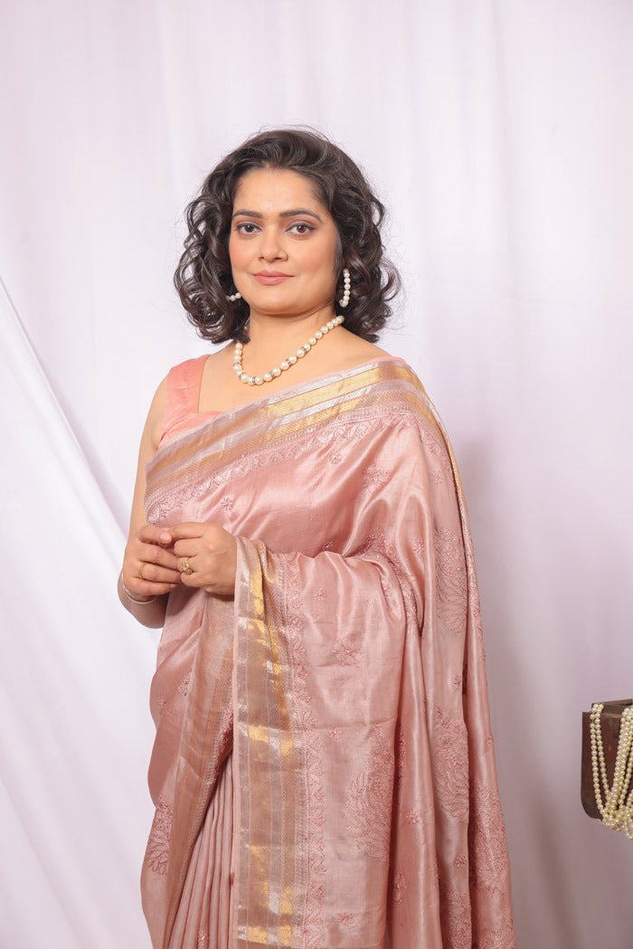 MeMaana Handcrafted Bronze Tussar Silk Zari Border Chikankari Saree-Blouse Fabnuma