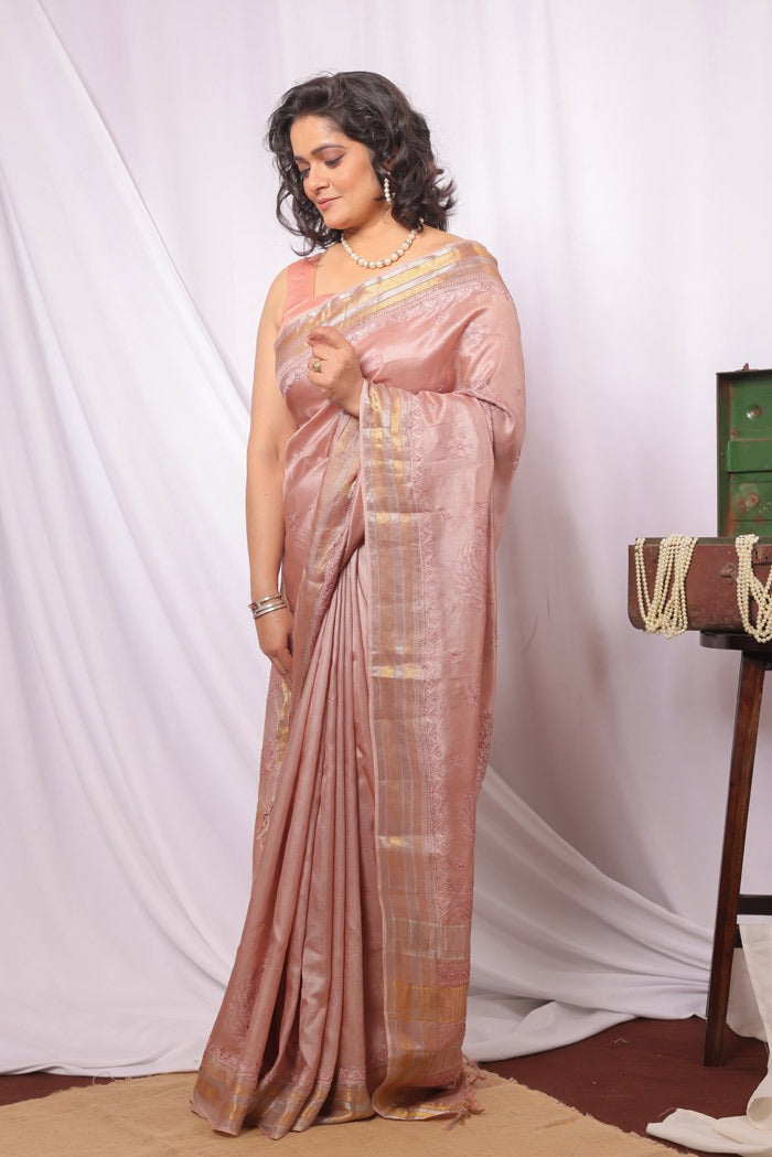 MeMaana Handcrafted Bronze Tussar Silk Zari Border Chikankari Saree-Blouse Fabnuma