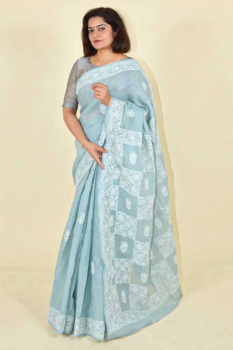 Fabnuma Handcrafted Gray Cotton Chikankari Saree-Blouse - Fabnuma