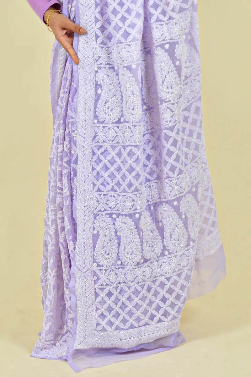 Fabnuma Handcrafted Lavender Georgette Chikankari Saree-Blouse - Fabnuma