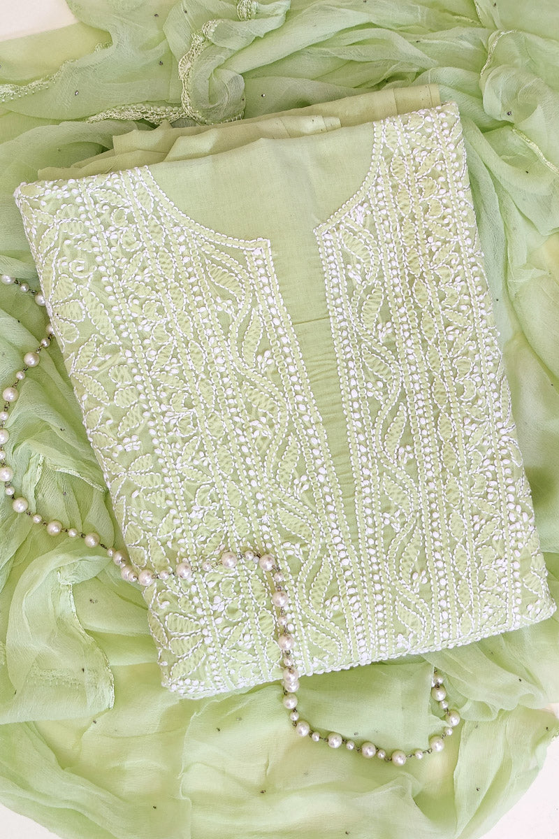 Fabnuma Handcrafted Green Cotton Chikankari 3Pcs Unstiched Suit Set - Fabnuma