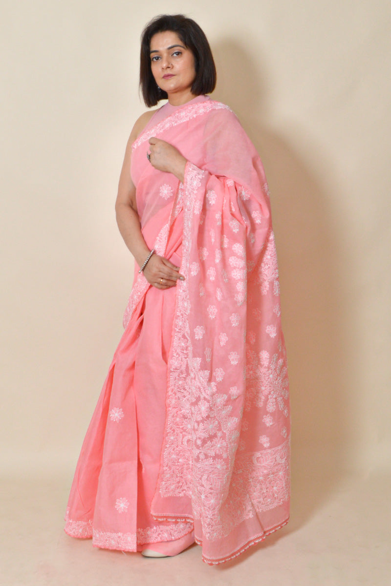Fabnuma Handcrafted Peach Chikankari Cotton Saree-Blouse - Fabnuma