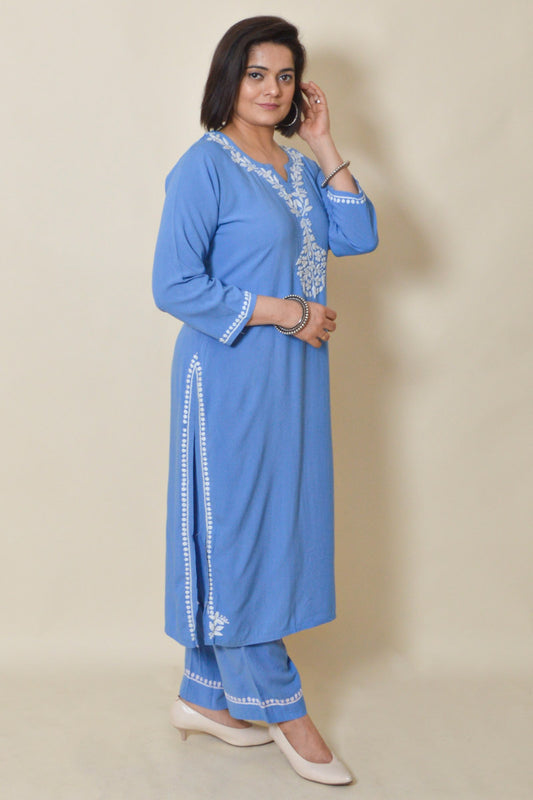 Fabnuma Handcrafted Blue Rayon Cotton Chikankari Kurta Bottom Set - Fabnuma