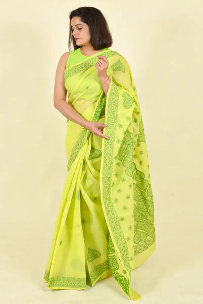 Fabnuma Handcrafted Green Cotton Chikankari Saree-Blouse - Fabnuma