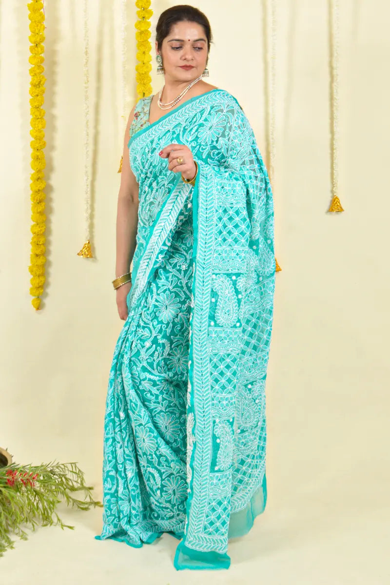 Fabnuma Handcrafted Aqua Blue Georgette Chikankari Saree-Blouse