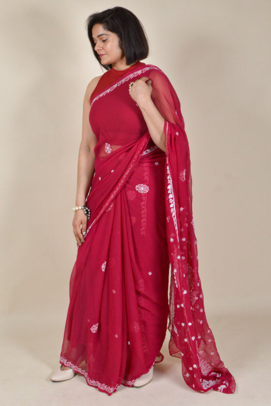 Fabnuma Handcrafted Red Georgette Chikankari Saree-Blouse - Fabnuma