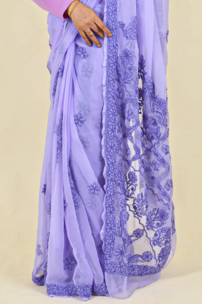 Fabnuma Handcrafted Lavender Georgette Chikankari Saree-Blouse - Fabnuma