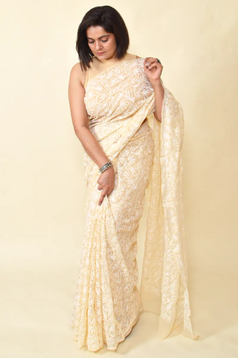 Fabnuma Handcrafted Fawn Georgette Tepchi Chikankari Saree-Blouse - Fabnuma