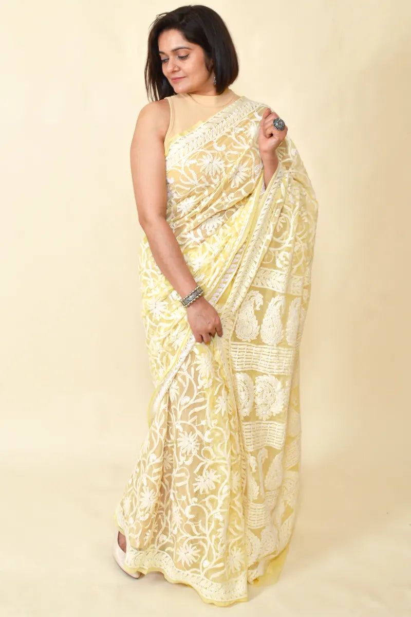 Fabnuma Handcrafted Fawn Georgette Chikankari Saree-Blouse - Fabnuma