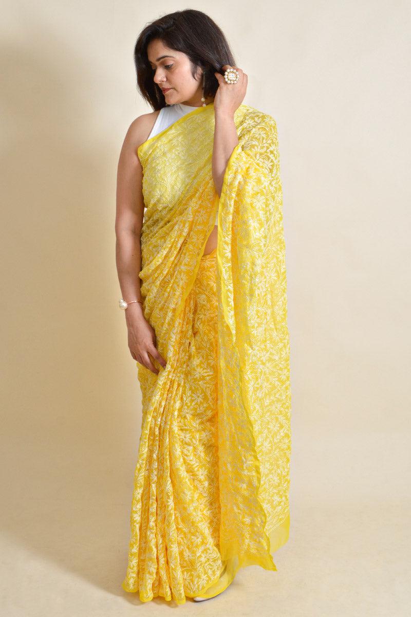 Fabnuma Handcrafted Yellow Georgette Chikankari Tepchi Saree-Blouse - Fabnuma