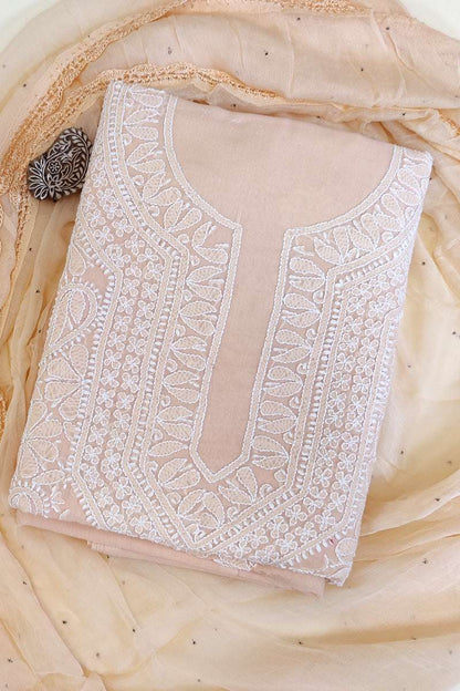 Fabnuma Handcrafted Peach Cotton Chikankari 3Pcs Unstiched Suit Set - Fabnuma