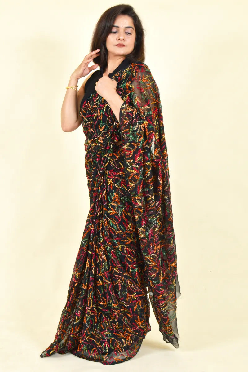 Fabnuma Handcrafted Black Georgette Tepchi Chikankari Saree-Blouse - Fabnuma