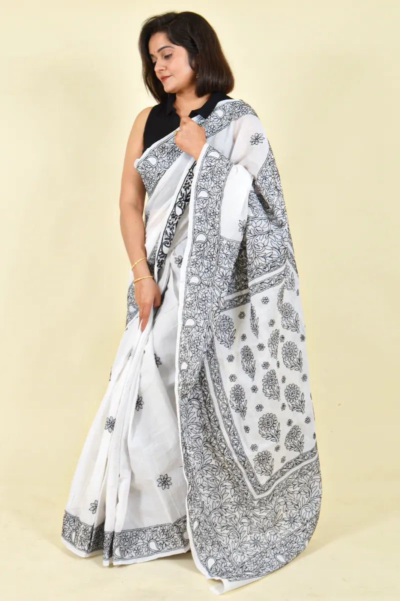 Fabnuma Handcrafted White Cotton Chikankari Saree-Blouse - Fabnuma