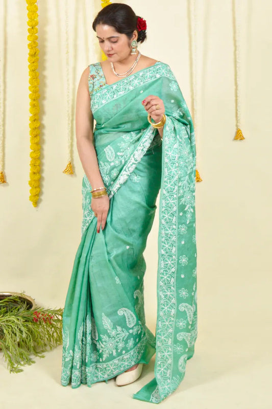 Fabnuma Handcrafted Green Tussar Silk Chikankari Saree-Blouse Fabnuma