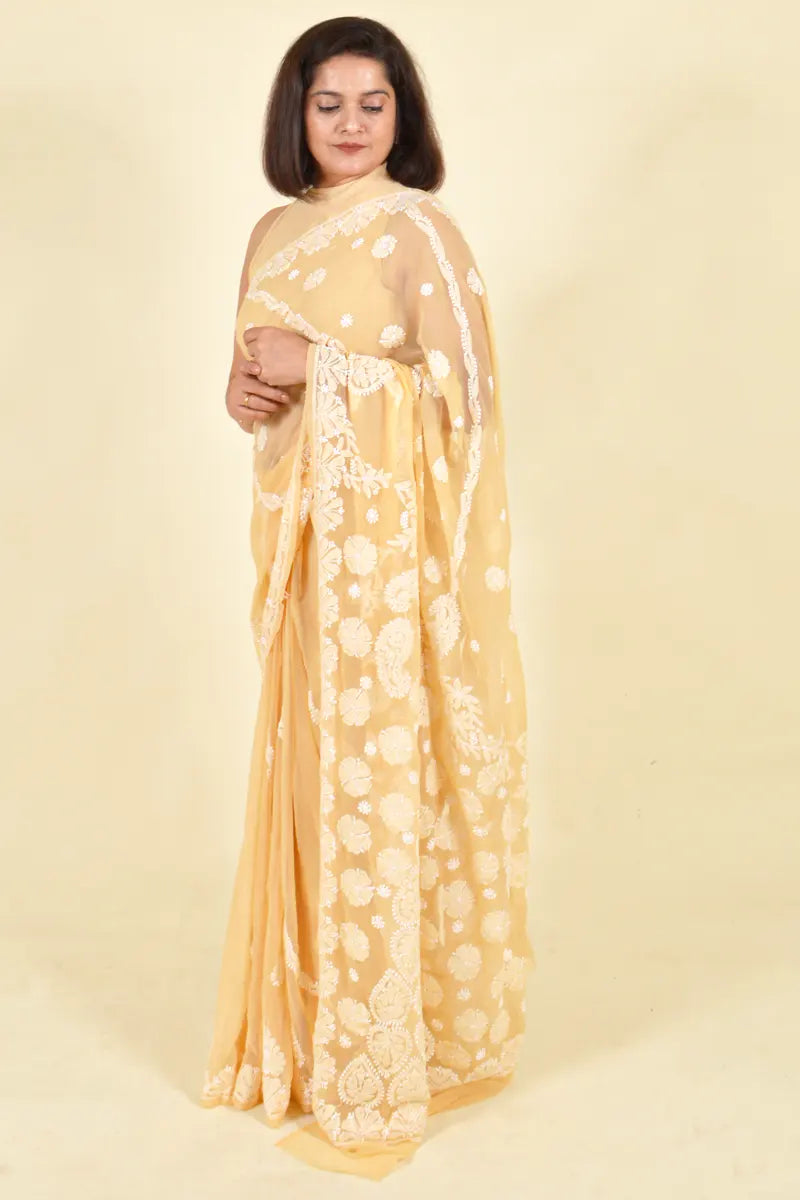 Fabnuma Handcrafted Beige Georgette Chikankari Saree-Blouse - Fabnuma