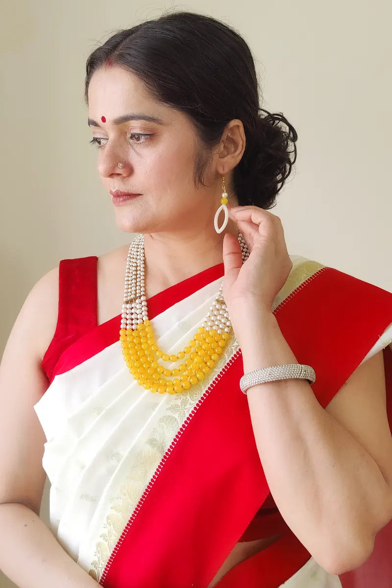 Fabnuma Handcrafted Yellow & White Layer Necklace & Dangle Earrings - Fabnuma