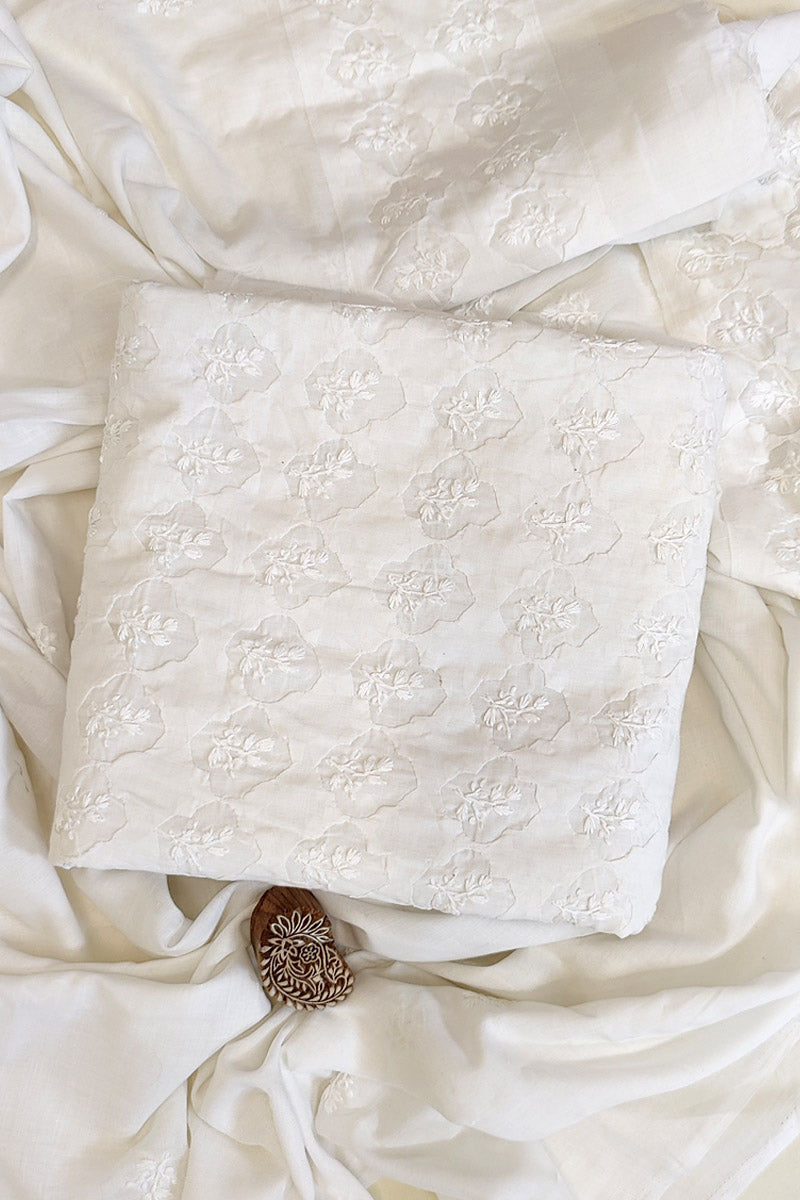 Fabnuma Handcrafted White Cotton Chikankari 3Pcs Unstiched Suit Set-Daraj Work - Fabnuma