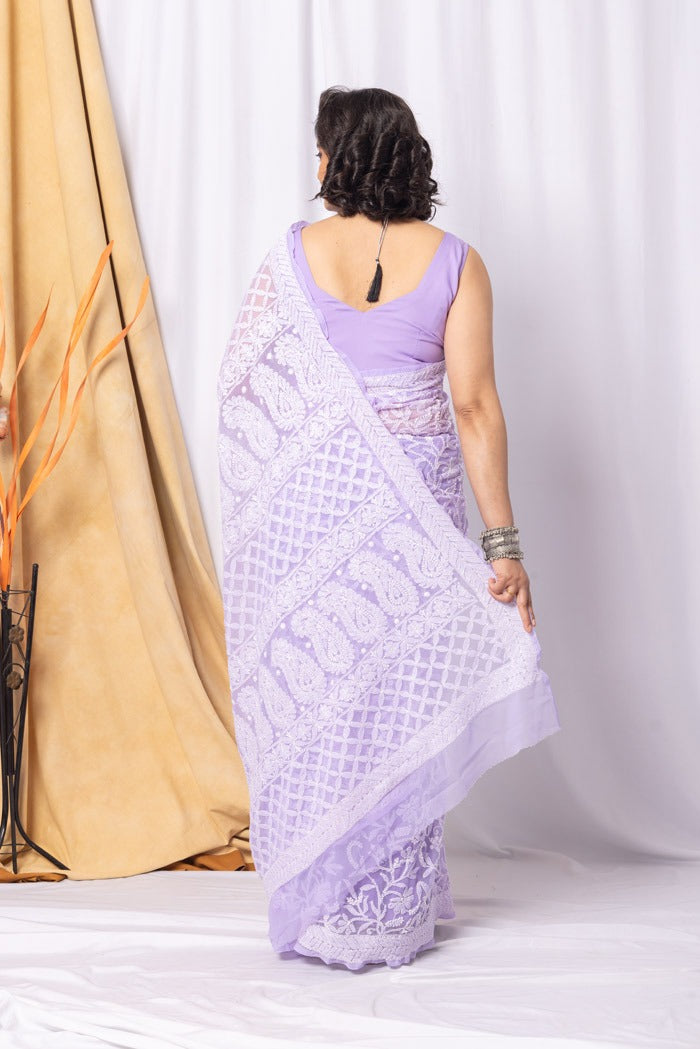 MeMaana Handcrafted Lavender Georgette Allover Chikankari Saree-Blouse MeMaana