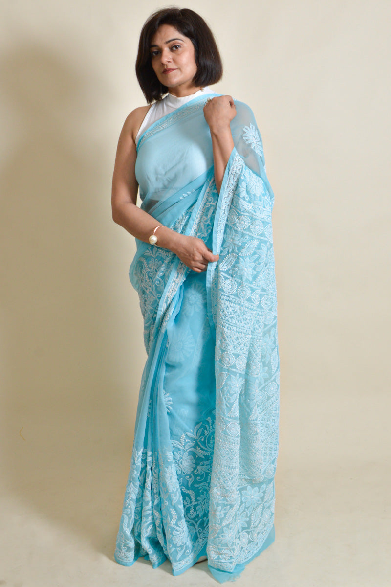 Fabnuma Handcrafted Sky Blue Georgette Chikankari Saree-Blouse - Fabnuma