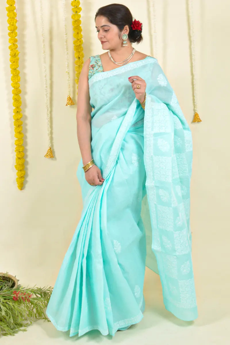 Fabnuma Handcrafted Sea Green Cotton Chikankari Saree-Blouse - Fabnuma