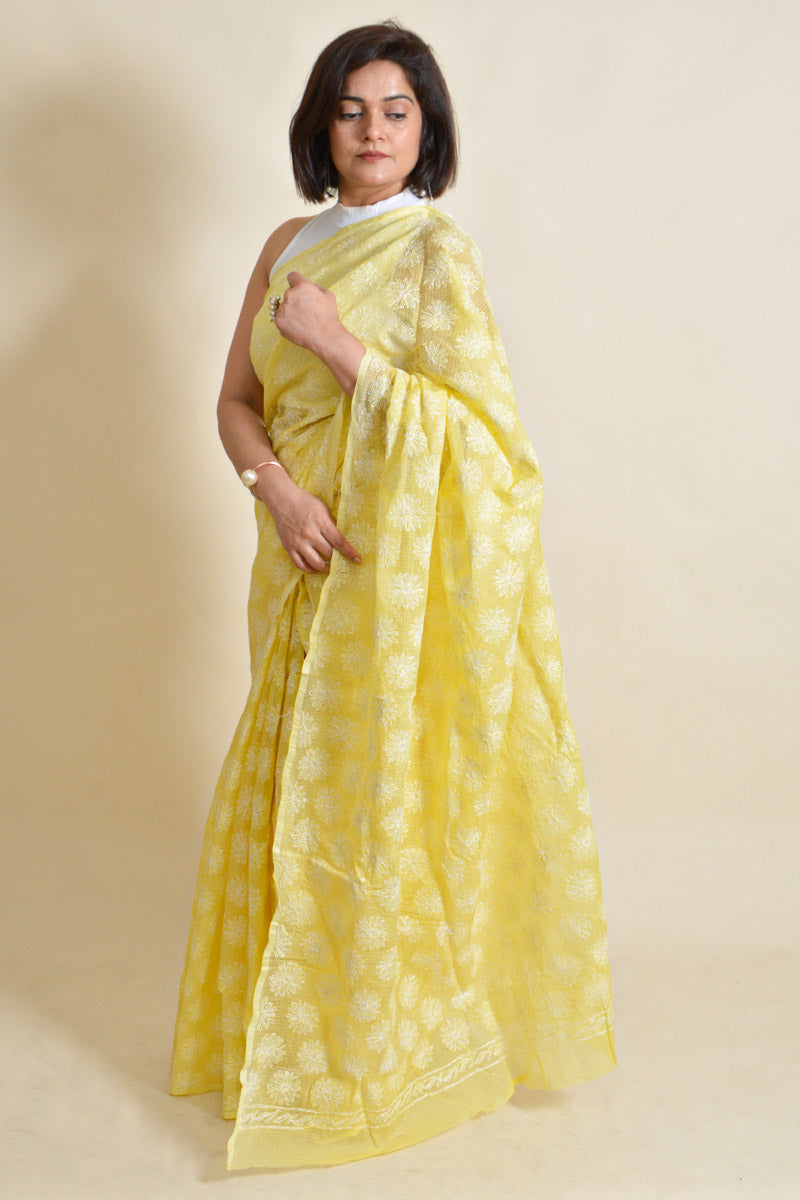 Fabnuma Handcrafted Lemon Kota Cotton Chikankari Tepchi Saree-Blouse - Fabnuma
