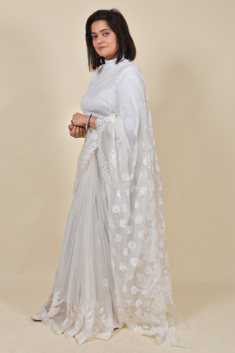 Fabnuma Handcrafted White Organza Chikankari Saree-Blouse - Fabnuma