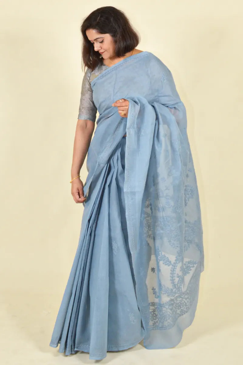 Fabnuma Handcrafted Gray Cotton Chikankari Saree-Blouse