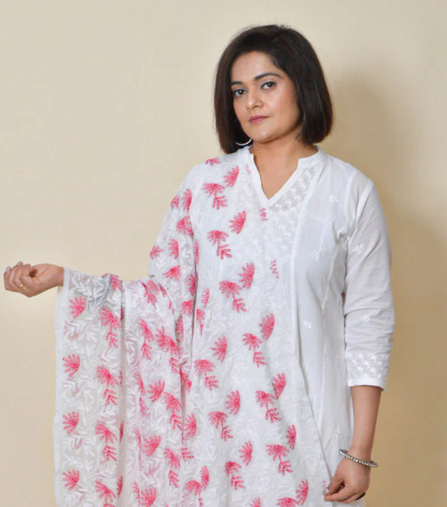 Fabnuma Handcrafted Sea Green Kota Cotton Chikankari Dupatta - Fabnuma