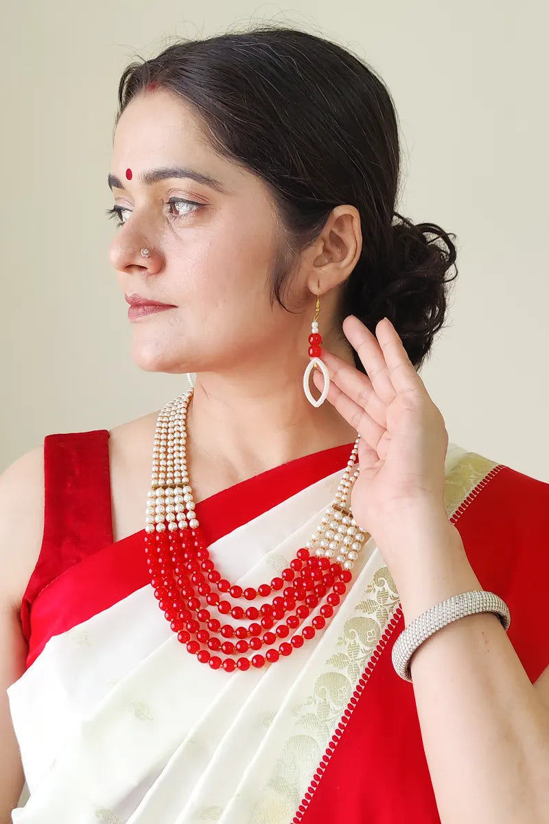 Fabnuma Handcrafted Red & White Beaded Layer Neckpiece & Dangle Earrings - Fabnuma