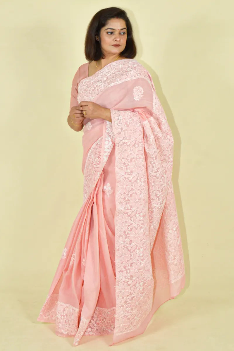 Fabnuma Handcrafted Peach Cotton Chikankari Saree-Blouse - Fabnuma
