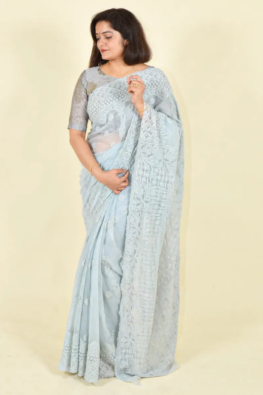 Fabnuma Handcrafted Gray Georgette Chikankari Saree-Blouse Fabnuma