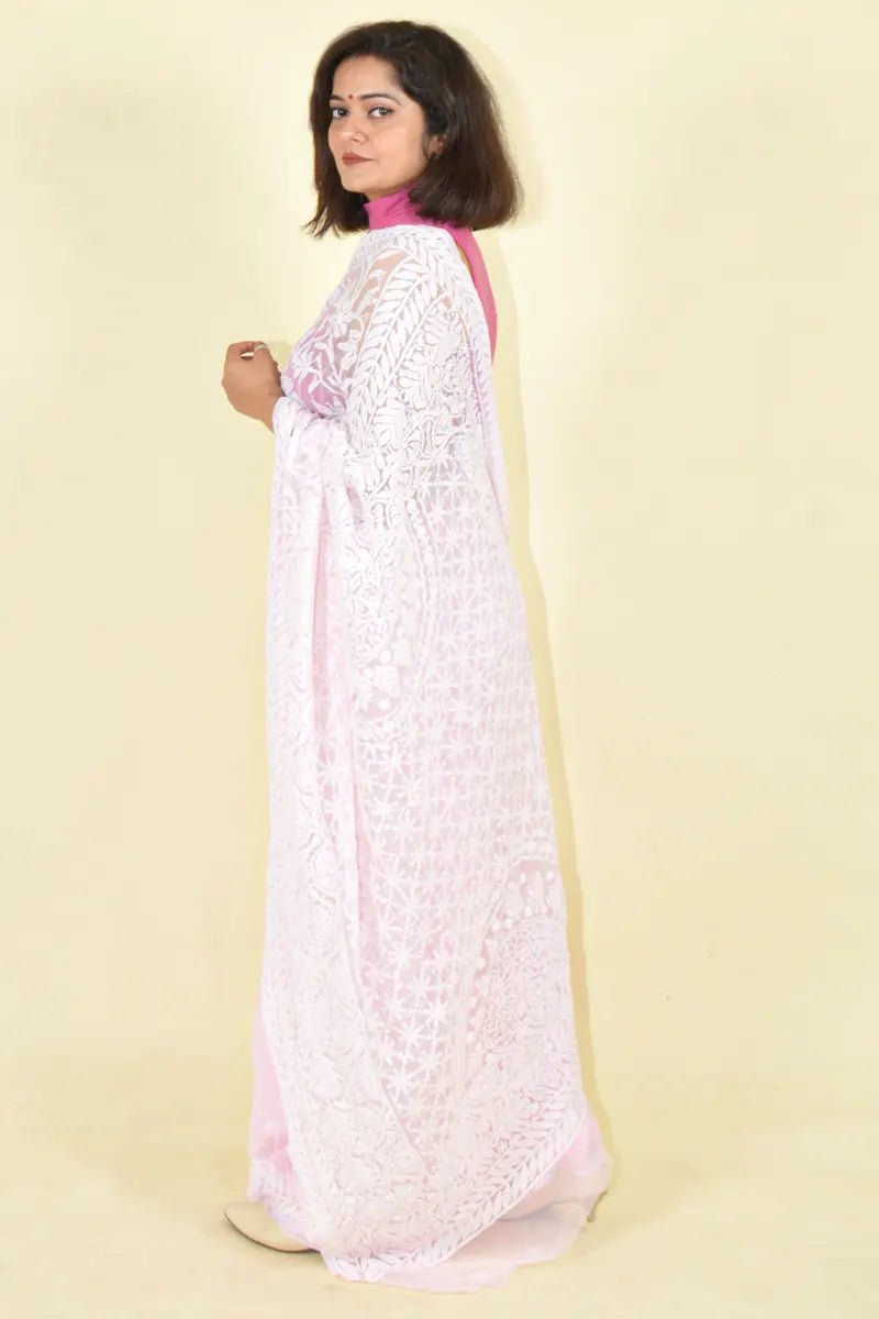 Fabnuma Handcrafted Pink Georgette Chikankari Saree-Blouse - Fabnuma