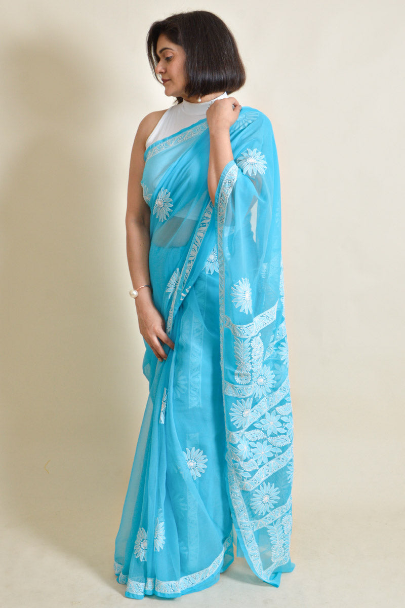 Fabnuma Handcrafted Aqua Blue Georgette Chikankari Saree-Blouse - Fabnuma