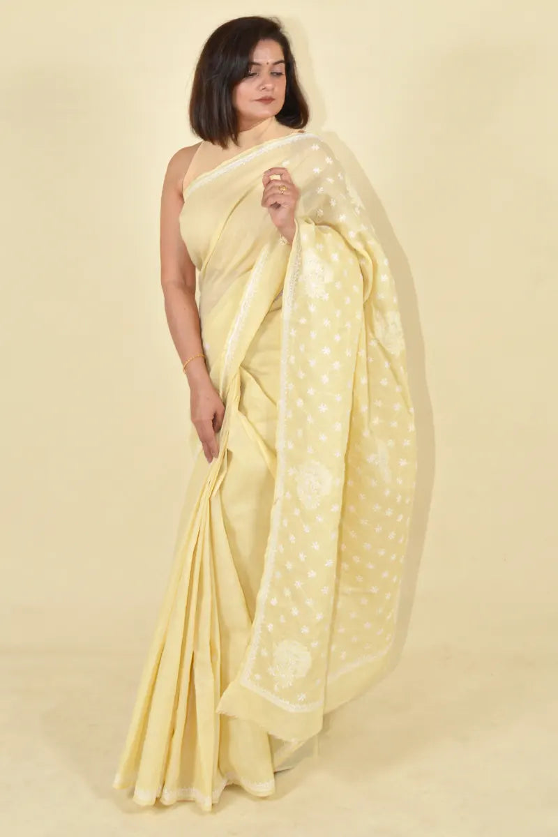MeMaana Handcrafted Fawn Cotton Chikankari Saree-Blouse MeMaana