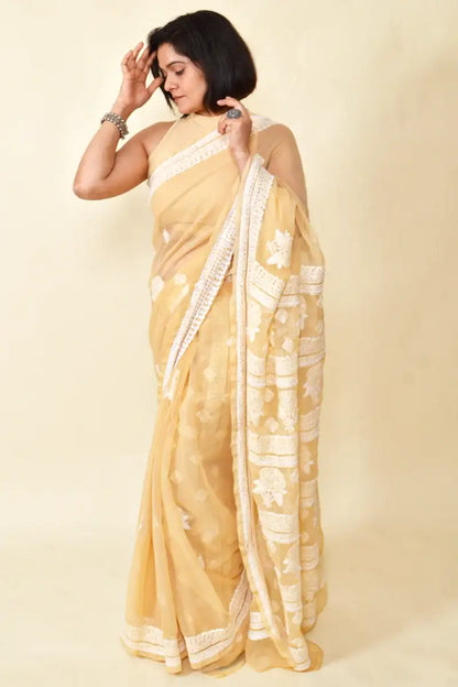 Fabnuma Handcrafted Fawn Georgette Chikankari Saree-Blouse - Fabnuma