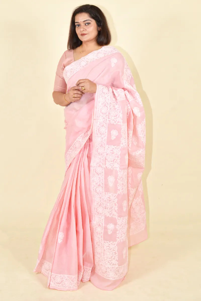MeMaana Handcrafted Peach Cotton Chikankari Saree-Blouse MeMaana
