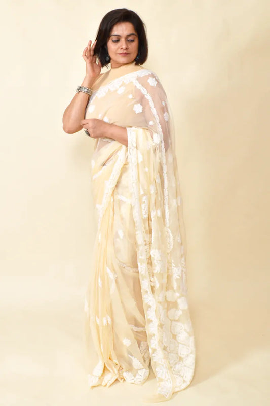 Fabnuma Handcrafted Fawn Georgette Chikankari Saree-Blouse - Fabnuma