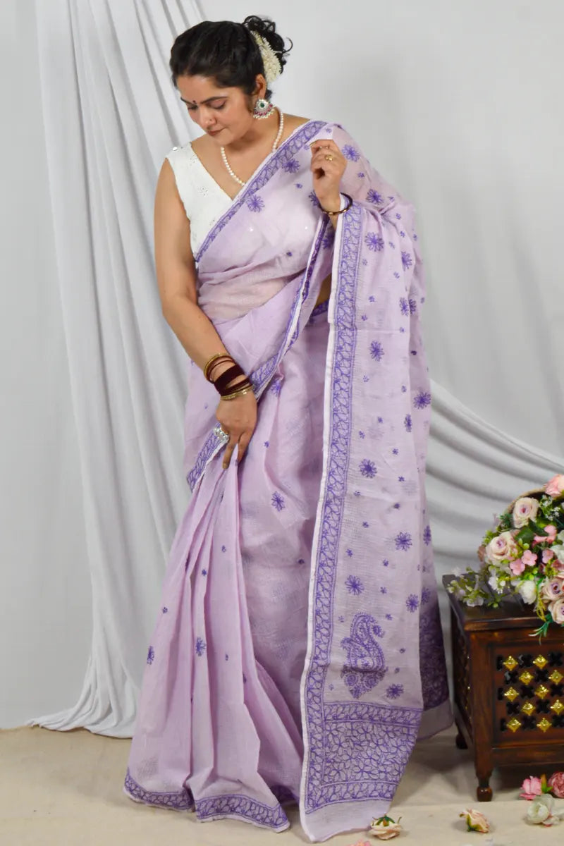 Handcrafted Lavender Kota Cotton Saree with Pearl & Sequin Work Designer Lucknowi Chikankari Embroidery and a matching Blouse, ideal for Festive and  occasions.