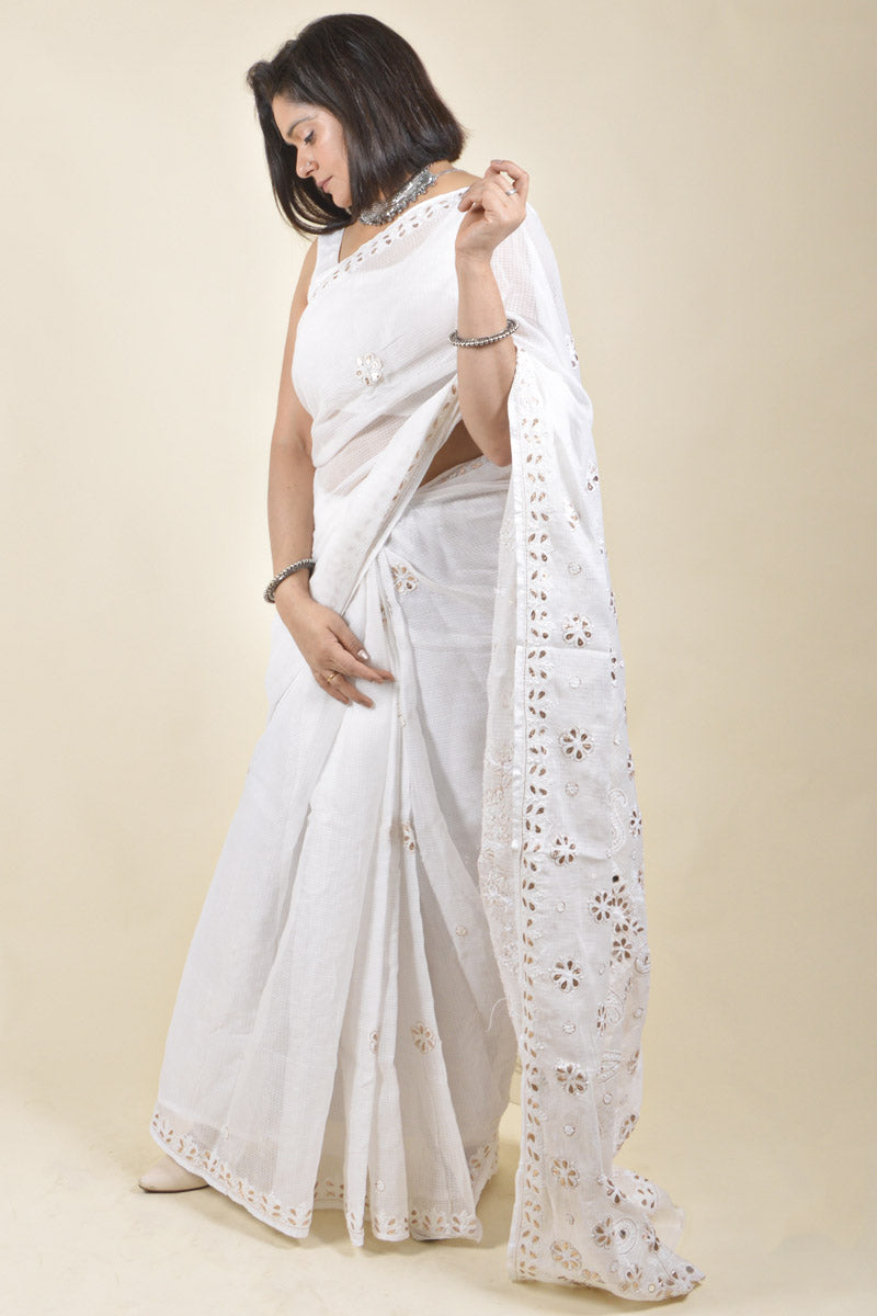 Fabnuma Handcrafted White Kota Cotton Chikankari Saree-Blouse - Fabnuma
