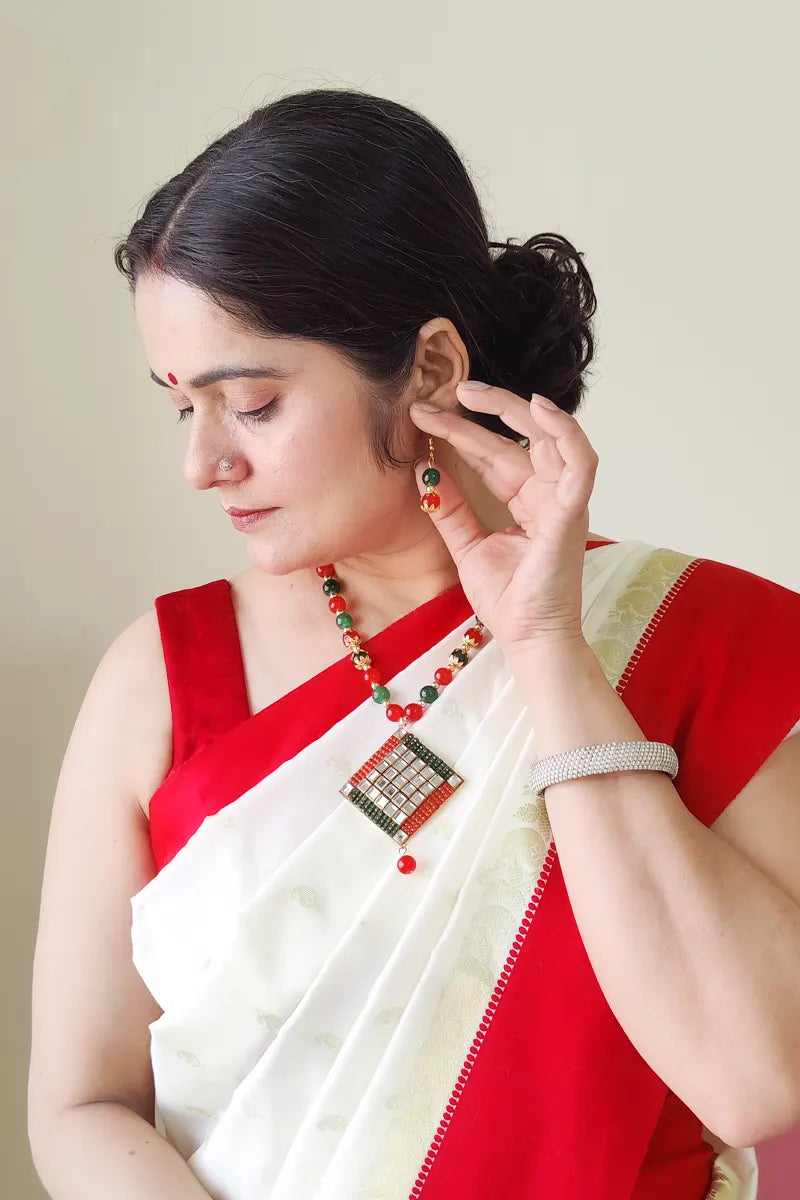 Fabnuma Handcrafted Red & Green Beaded Neckpiece Stone Plated Pendant & Dangle Earrings - Fabnuma