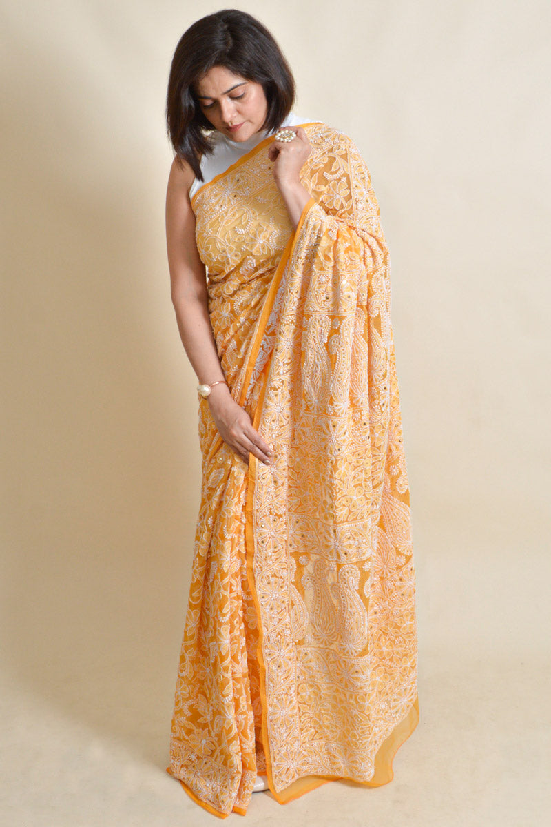 Fabnuma Handcrafted Orange Georgette Chikankari mukaish work Saree-Blouse - Fabnuma