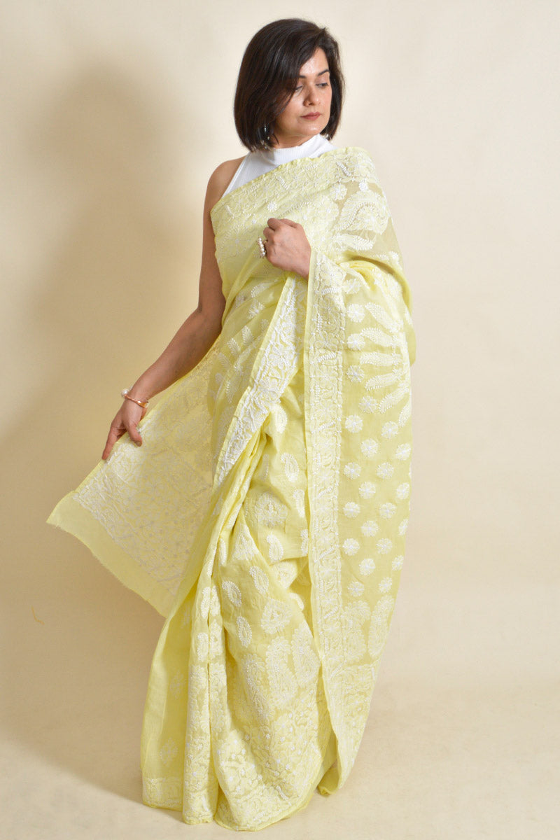 Fabnuma Handcrafted Lemon Cotton Chikankari Saree Wth Blouse - Fabnuma