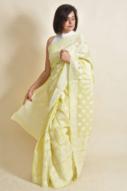 Fabnuma Handcrafted Lemon Cotton Chikankari Saree Wth Blouse - Fabnuma