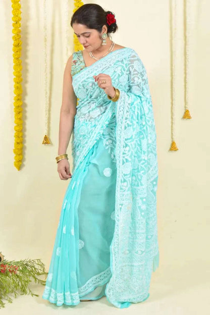 MeMaana Handcrafted Sea Green Georgette Chikankari Saree-Blouse MeMaana