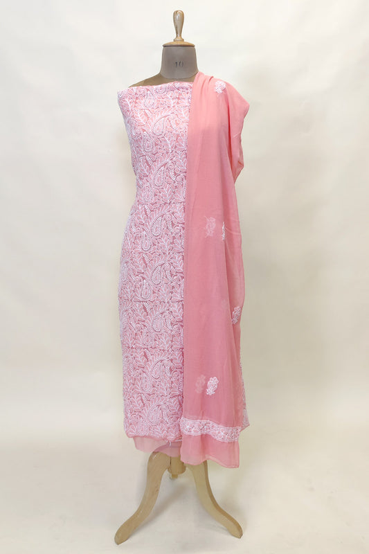 Fabnuma Handcrafted Peach Georgette Chikankari 3Pcs Unstiched Suit Set - Fabnuma