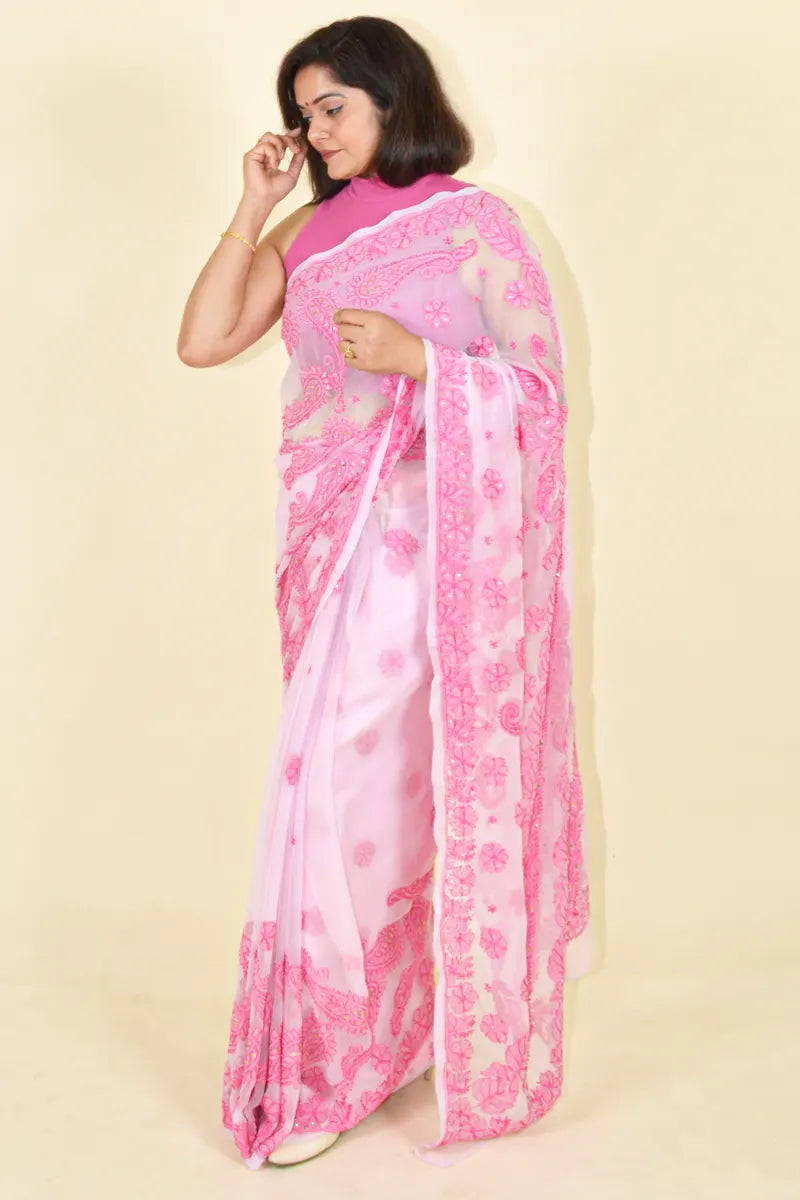 Fabnuma Handcrafted Pink Georgette With Mukaish Work Chikankari Saree-Blouse Fabnuma