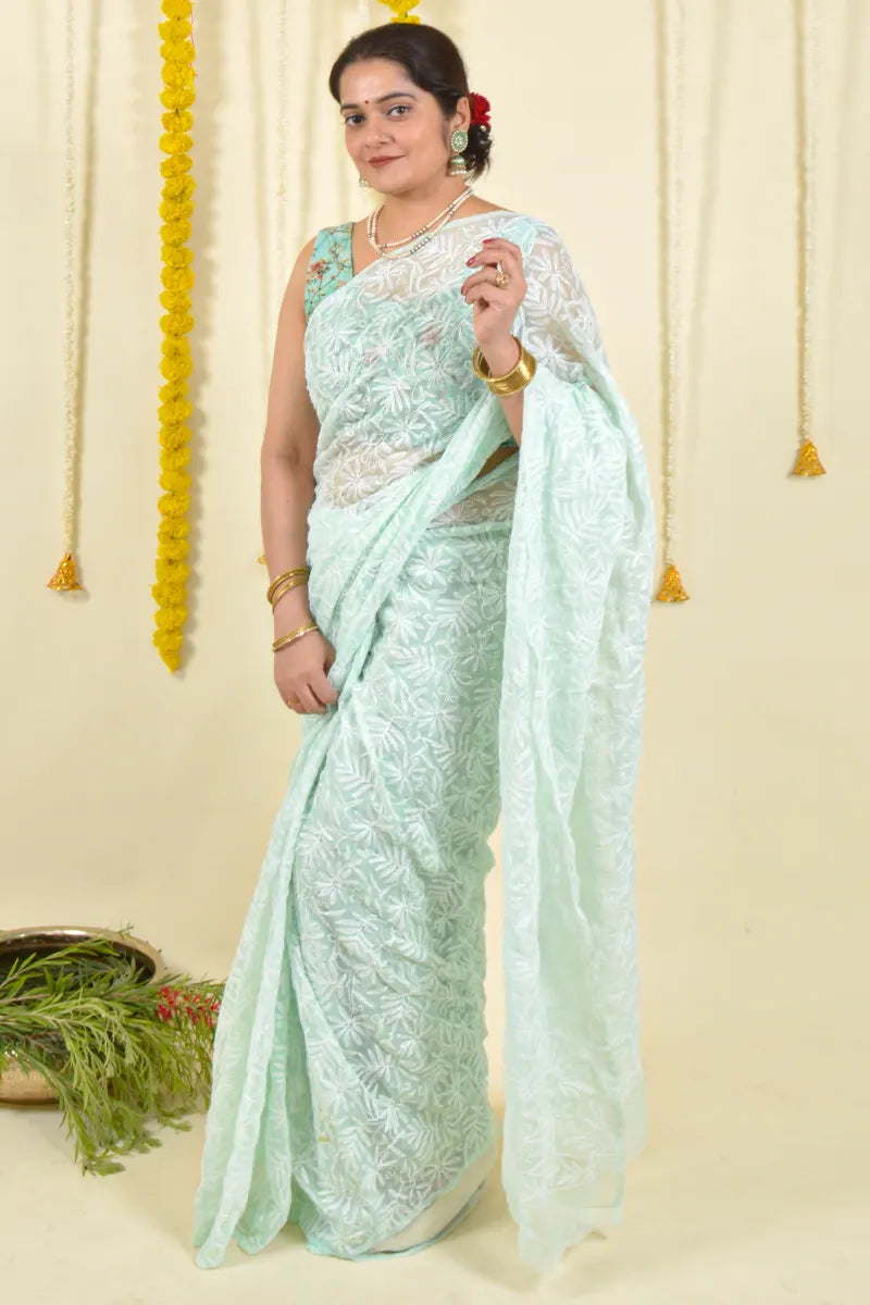 Fabnuma Handcrafted Mint Green Georgette Chikankari Saree-Blouse - Fabnuma