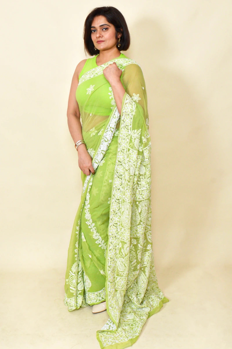 Fabnuma Handcrafted Green Georgette Chikankari Saree-Blouse - Fabnuma